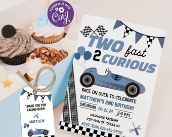 Printable Two Fast 2 Curious Birthday Invitation, Two Fast Race Car Invitation, Race Car Invite, Racing Car Instant Download, Editable, BC01