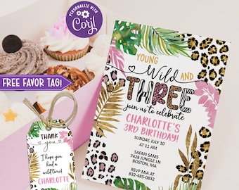 Printable Young Wild and Three Leopard Print Jungle Birthday Party Invitation, Editable 3rd Birthday Invitation Template, Download, LP1
