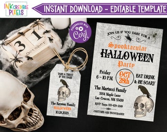 Editable Adult Halloween Party Invitation, Vintage Halloween Invitation, Halloween Skull Invite, Gothic Halloween - Instant Download