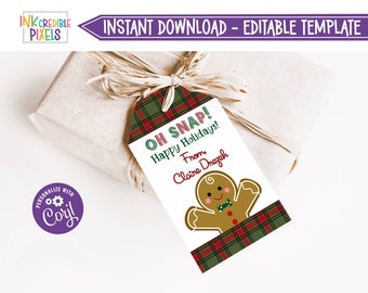 May include: A printable Christmas gift tag featuring a gingerbread man with a red bow tie on a red and green plaid background. The text on the tag reads "Oh Snap! Happy Holidays! From, Claire Drezek".