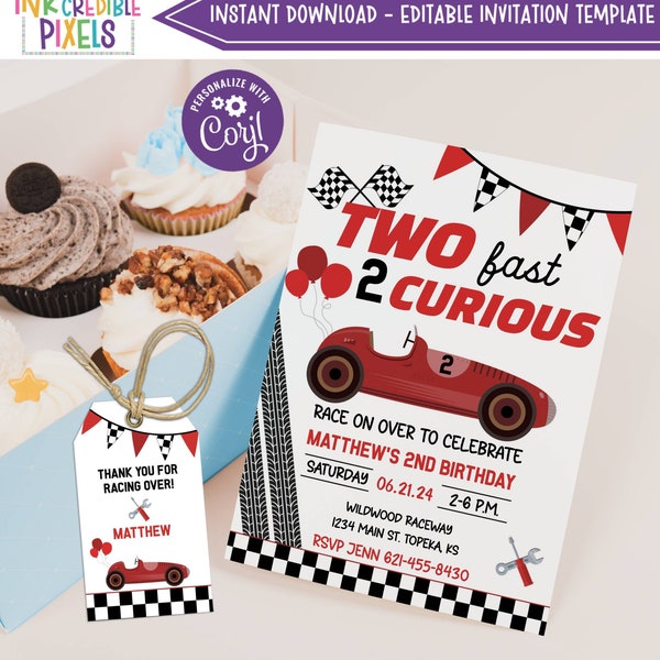 Printable Two Fast 2 Curious Birthday Invitation, Two Fast Race Car Invitation, Race Car Invite, Racing Car Instant Download, Editable, RC01