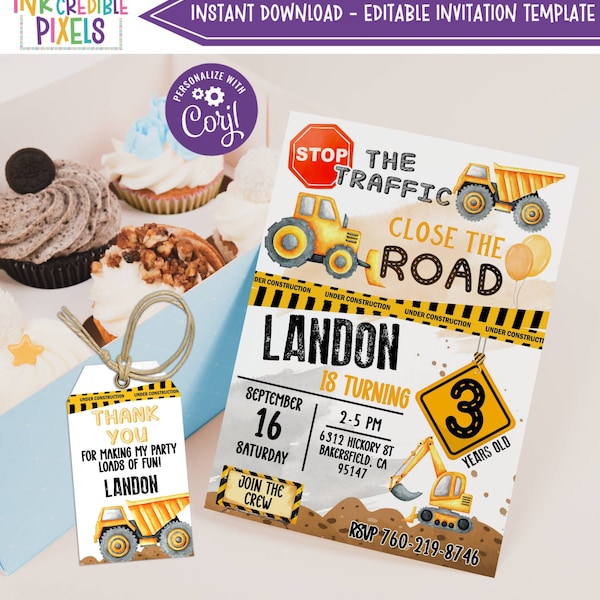 Printable Construction Invitation, Construction Birthday Invitation, Dump Truck Party Invite, Construction Invite, Download, Editable, C1