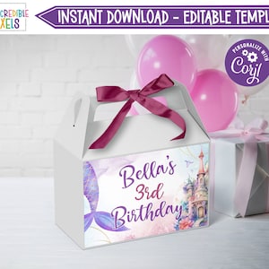 Editable Mermaid Gable Box Label, Mermaid Gable Box Favor Label, Gift Box Label, Party Favor Label, Instant Download, Printable, Digital