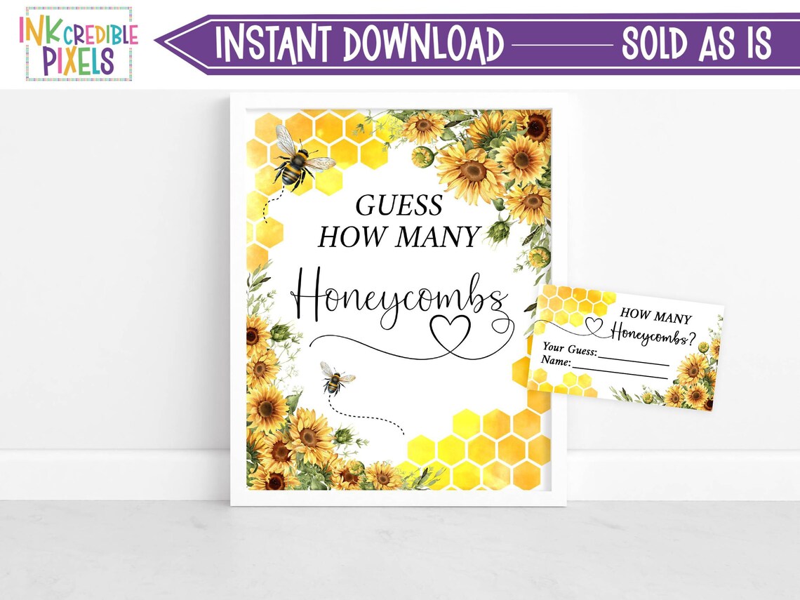 Honeycomb Baby Shower Game Set - Guess How Many Honeycombs Sign & 30 Cards For Winnie The Pooh Theme Parties