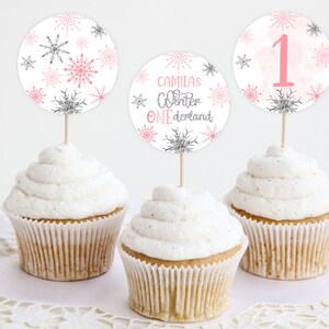Printable Winter ONEderland Birthday Party Cupcake Toppers, Snowflake Birthday Cupcake Toppers, Download, Editable, WO1
