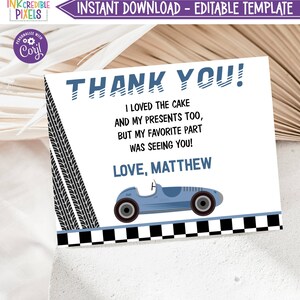 Printable Blue Race Car Thank You Card, Vintage Car Thank You Note, Racing Car Thank You, Download, Editable, Digital File, BC01