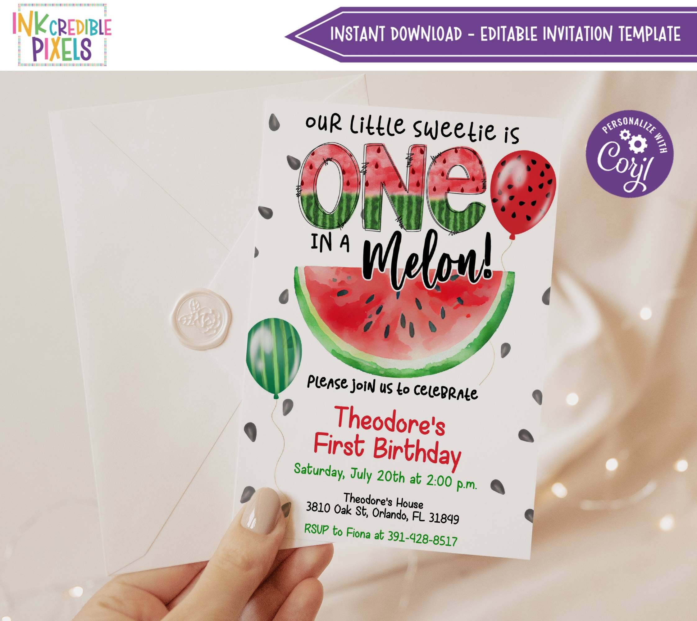 Printable Watermelon Birthday Invitation, One in a Melon 1st Birthday ...