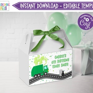 Editable Garbage Truck Gable Box Label, Garbage Birthday Gable Box Favor Label, Gift Box Label, Party Favor Label, Download, Printable, GT1