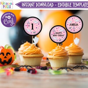 Editable Pink Halloween Party Cupcake Toppers, Spooky One Birthday Cupcake Toppers, Halloween Cupcake Toppers, Instant Download - S1G