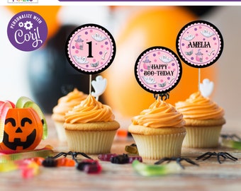 Toppers de cupcakes de fiesta de Halloween rosa editables, toppers de cupcakes de un cumpleaños espeluznante, toppers de cupcakes de Halloween, descarga instantánea - S1G