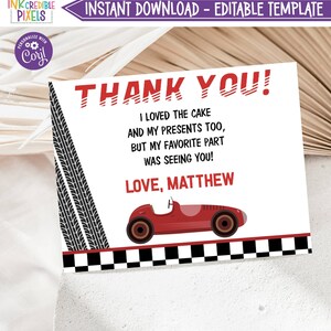 Printable Race Car Thank You Card, Vintage Car Thank You Note, Racing Car Thank You, Download, Editable, Digital File, RC01