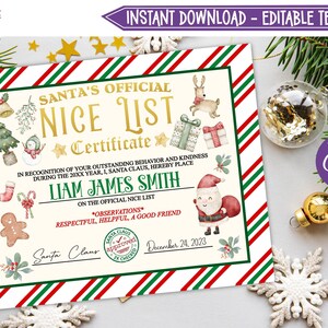 Certificado de lista de Niza editable de Papá Noel, certificado de lista de Niza imprimible, certificado de Niza, plantilla de certificado de lista de Niza