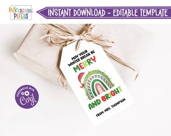 Printable Merry and Bright Gift Tag, Teacher School Gift Tag, Winter Break Tag, Classroom Gift Tag, Download, Editable, CT1