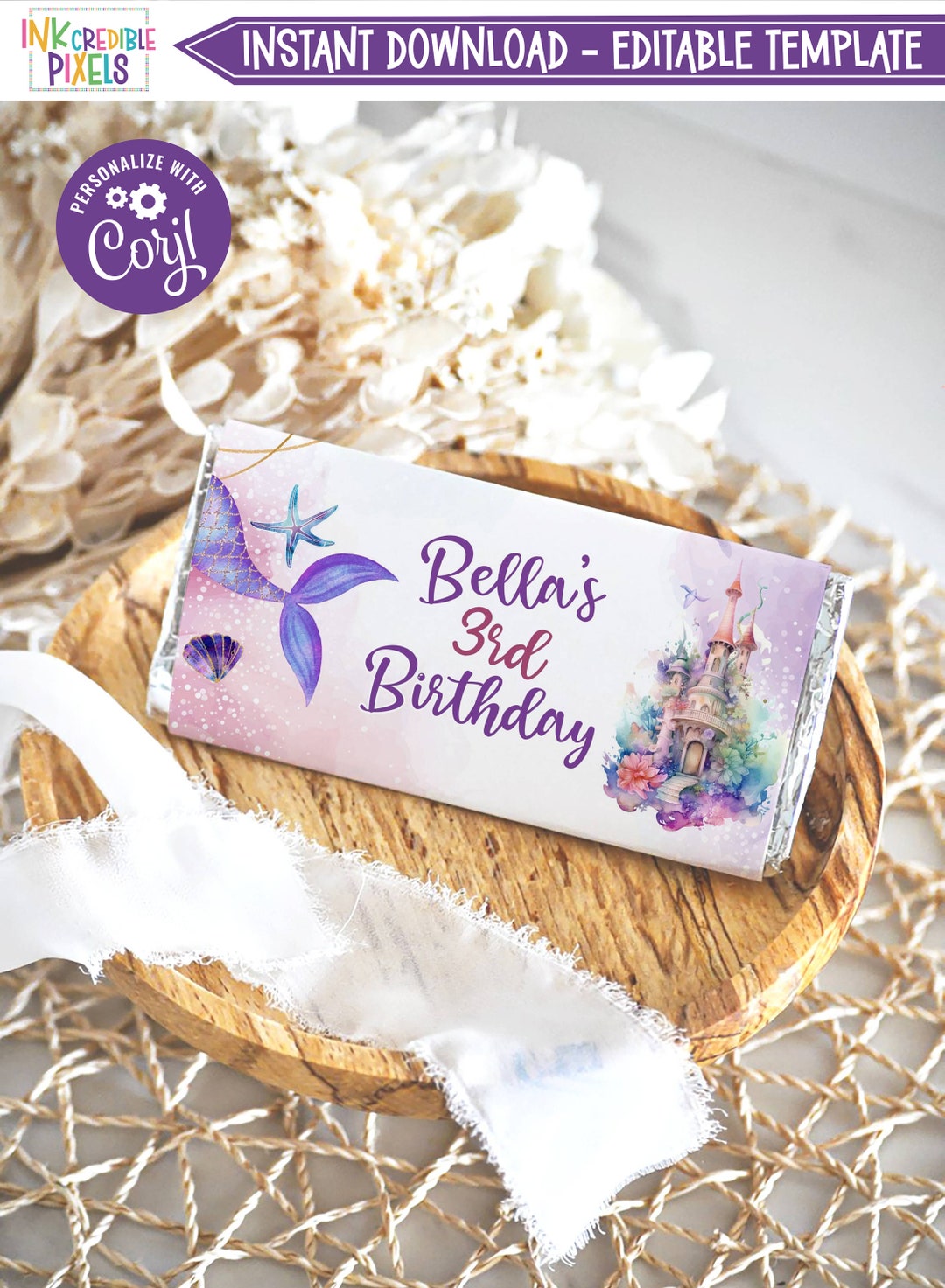 Editable Mermaid Candy Bar Wrapper, Mermaid Chocolate Bar Wrapper ...