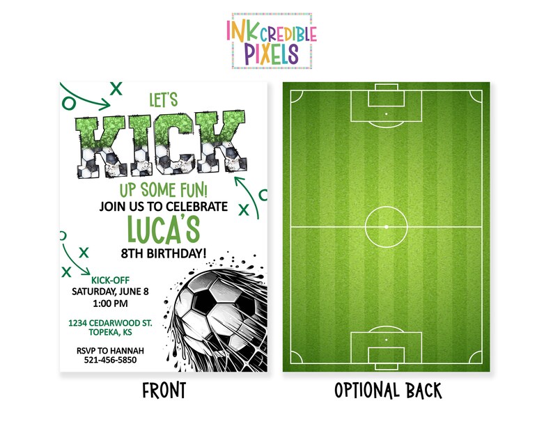 K&ouml;nnte beinhalten: Gr&uuml;ne und wei&szlig;e Fu&szlig;ball-Geburtstagseinladung mit dem Text "Let's Kick Up Some Fun! Join Us To Celebrate Luca's 8th Birthday!" und einem Fu&szlig;ballfeld auf der R&uuml;ckseite.