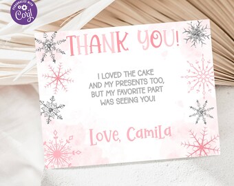 May include: A pink and white thank you card with snowflake accents. The card reads "THANK YOU!" and includes a personalized message and signature. The words "INSTANT DOWNLOAD - EDITABLE TEMPLATE" are at the top.