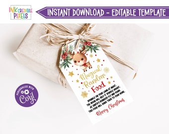 May include: A white printable gift tag with a cartoon reindeer illustration. The tag has gold stars, red dots, and the text "Magical Reindeer Food. Sprinkle on your lawn at night. The moon will help it sparkle bright. As Santa's reindeer fly and roam, this food will guide them to your home. Merry Christmas."