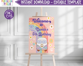 Peut inclure: Une pancarte d'accueil imprimable pour un anniversaire de 5 ans. La pancarte représente un arc-en-ciel, des fleurs et un van vintage. Le texte sur la pancarte indique "Bienvenue à Camila's 5th Birthday".