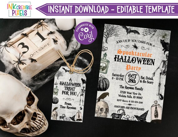 Editable Adult Halloween Party Invitation, Vintage Halloween Invitation, Halloween Invite, Gothic Halloween - Instant Download, Printable