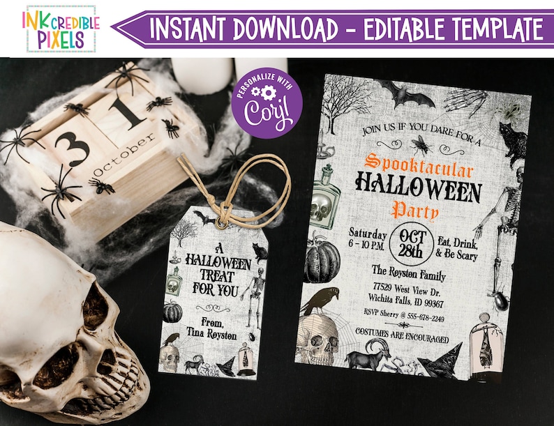 May include: A printable Halloween party invitation with a spooky vintage design. The invitation features a black and white illustration of a skull, a raven, a pumpkin, and a skeleton. The text on the invitation reads "Spooktacular Halloween Party" and includes the date, time, and location of the party. The invitation also encourages guests to wear costumes.