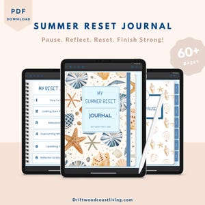 May include: Three digital tablets displaying a "Summer Reset Journal" with a beach theme. The journal cover features seashells and starfish. The text reads "Pause. Reflect. Reset. Finish Strong!" and "60+ pages". The website address is also visible.