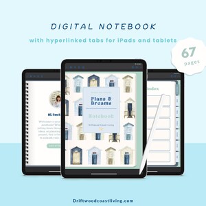 Könnte beinhalten: Ein digitales Notizbuch mit verlinkten Registerkarten für iPads und Tablets. Der Einband zeigt eine Aquarell-Illustration von Strandhütten mit dem Text "Plans & Dreams Notebook" und "Driftwood Coast Living". Das Notizbuch hat 67 Seiten.