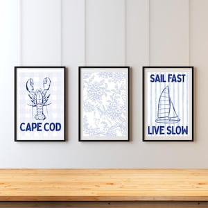 Pode incluir: Três impressões emolduradas com bordas pretas. A impressão da esquerda apresenta uma ilustração de lagosta azul com o texto "CAPE COD" em um fundo xadrez. A impressão do meio tem um padrão floral azul. A impressão da direita mostra um veleiro com o texto "SAIL FAST LIVE SLOW".