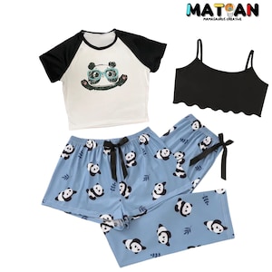 Pyjama's met pandaprint van 4 voor dames of meisjes. Schattige panda-top met witte en zwarte print perfect cadeau voor elke gelegenheid voor pandaliefhebbers