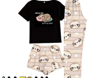 Sloth Pajama Set • Women's 3-Piece Sleepwear with Sloth Print