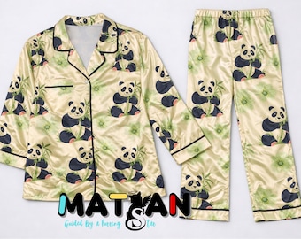 Panda Satin Pajama Set – Women’s 2‑Piece Sleepwear | Cute Animal Print | Unisex Cozy Loungewear | Gift for Her