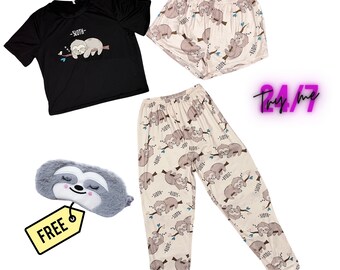 Sloth Pajama Set: Women's 3-Piece Sleepwear with Free Eye Mask