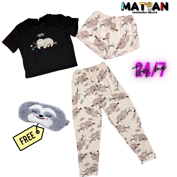 Sloth women's sleepwear three pieces pajama set to wear any occasion in a crazy day at home. Include a Sloth sleep face mask. Style 2.