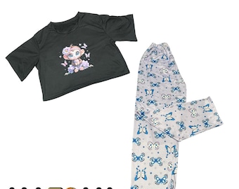 Kawaii Pajama Set – Monkey Tee, Butterfly Print Lounge Pants
