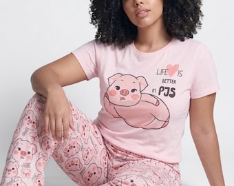 Pink Pig Pajama Set | “Life Is Better in PJs” | Cute Oink Sleepwear for Women | Soft & Cozy Gift for Her