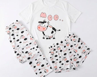 Cow Pajama Set – Women's 3-Piece "MOO" Cartoon Sleepwear for women