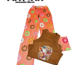 Women's Donut Piggy Pajama Set – Caramel Ribbed Tank, Lounge Pants
