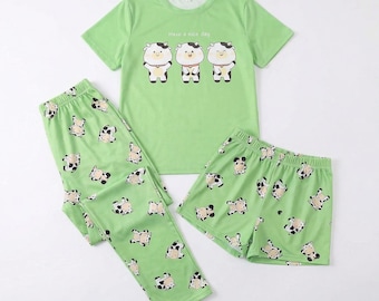 Cartoon Cow Pajama Set • Green 3-Piece Sleepwear for women