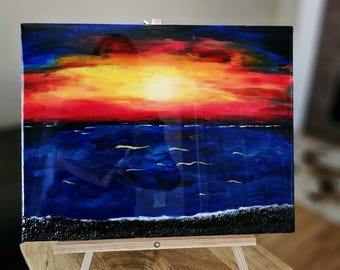 Ocean Sunset Acryl-, Harzgemälde. Einzelstück, Einzelstück. Handgefertigt.