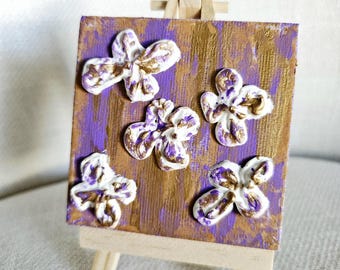 Lila Gold Blumen Miniatur Strukturgemälde. Einzelstück, Einzelstück. Handgefertigt. Leinwand. Staffelei.