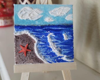 Ozean Mini Strukturbild, Acrylbild. See-Sterne, sand. Unikat, Einzelstück. Handgefertigt.