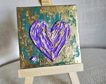 Lila Gold Herz Miniatur Strukturgemälde. Einzelstück, Einzelstück. Handgefertigt. Leinwand. Staffelei.