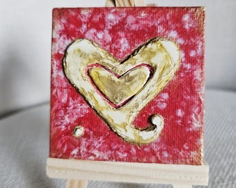 Doppel Herz Miniatur Strukturgemälde. Einzelstück, Einzelstück. Handgefertigt. Leinwand. Staffelei.