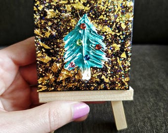 Weihnachtsbaum Miniatur Strukturpastengemälde. Einzelstück, Einzelstück. Handgefertigt. Leinwand. Staffelei.