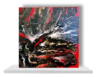 Fluid Art Acrylic Dutch Gießen: Rot, Schwarz, Gold Abstrakte Leinwand