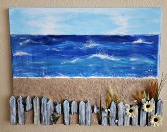 Resin Strand Gemälde auf Leinwand: Ozean Szene mit Blumen & Rustikaler Zaun
