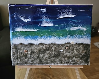 Meereswellen Acryl, Resin Gemälde. Muscheln, Sand. Unikat, Einzelstück. Handgefertigt.
