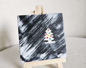 Weihnachtsbaum Miniatur Strukturpastengemälde. Einzelstück, Einzelstück. Handgefertigt. Leinwand. Staffelei.