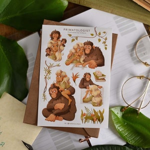 Folha de adesivos Primatologista Adesivo Orangotango Adesivo Menina Loira Adesivo Coleção Especial Animais Adesivo Boas Notas Adesivo Planta Estacionária