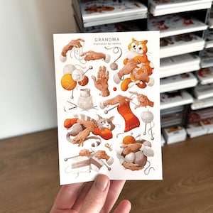 Feuille d'autocollants grand-mère à tricoter autocollants chat chaud fil artiste illustration grand-mère mains feuille d'autocollants planification 2025 Bullet Journal