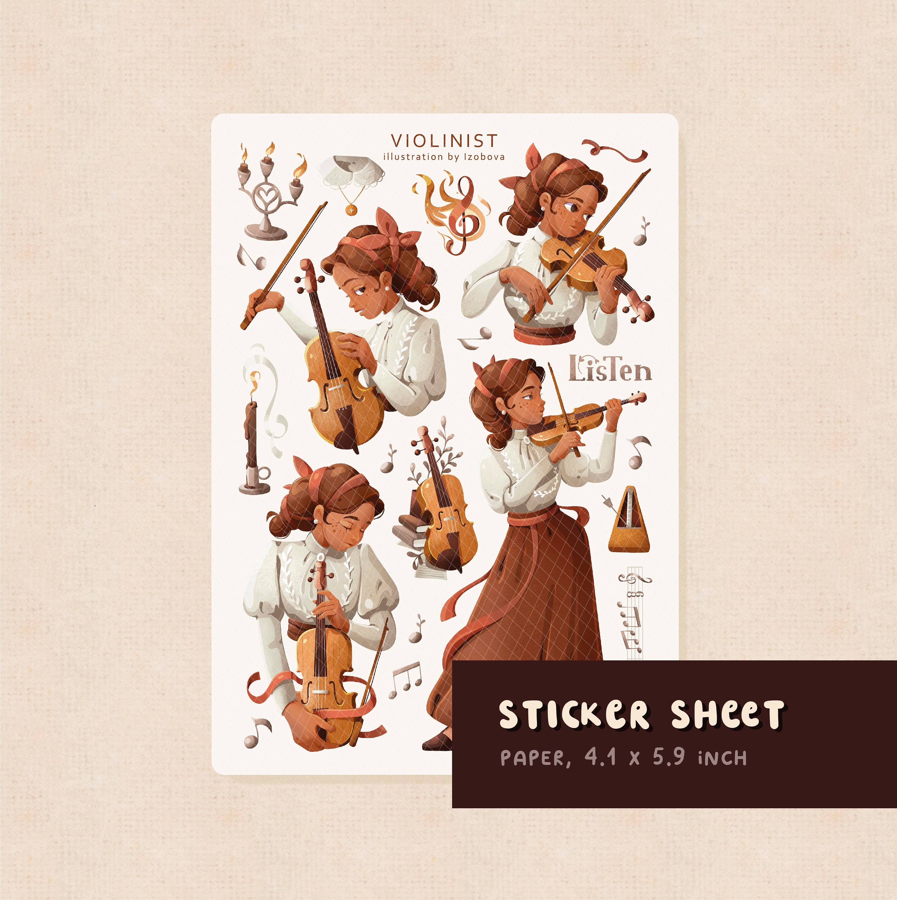 Violinist Sticker Sheet: Music Practice, Violin Lesson, Musician